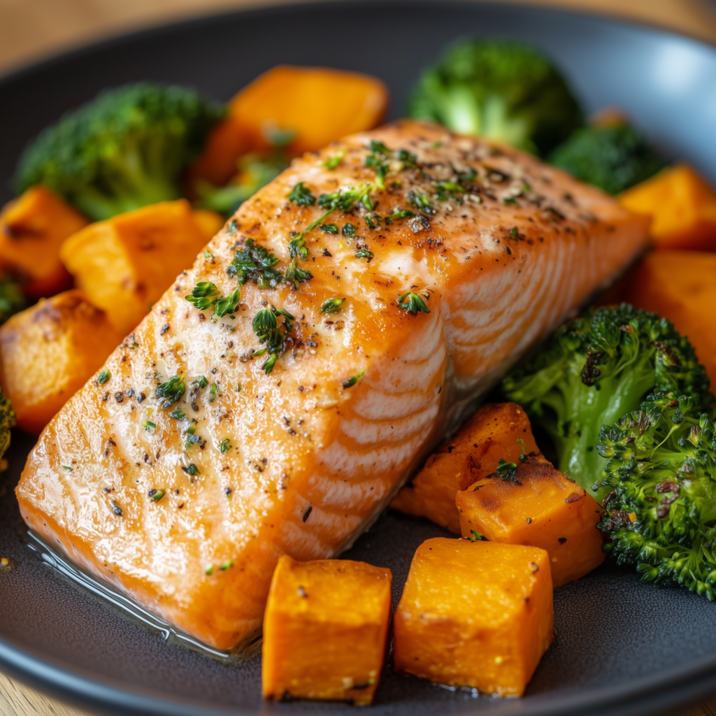 Lachs mit Brokkolie und Süßkartoffel