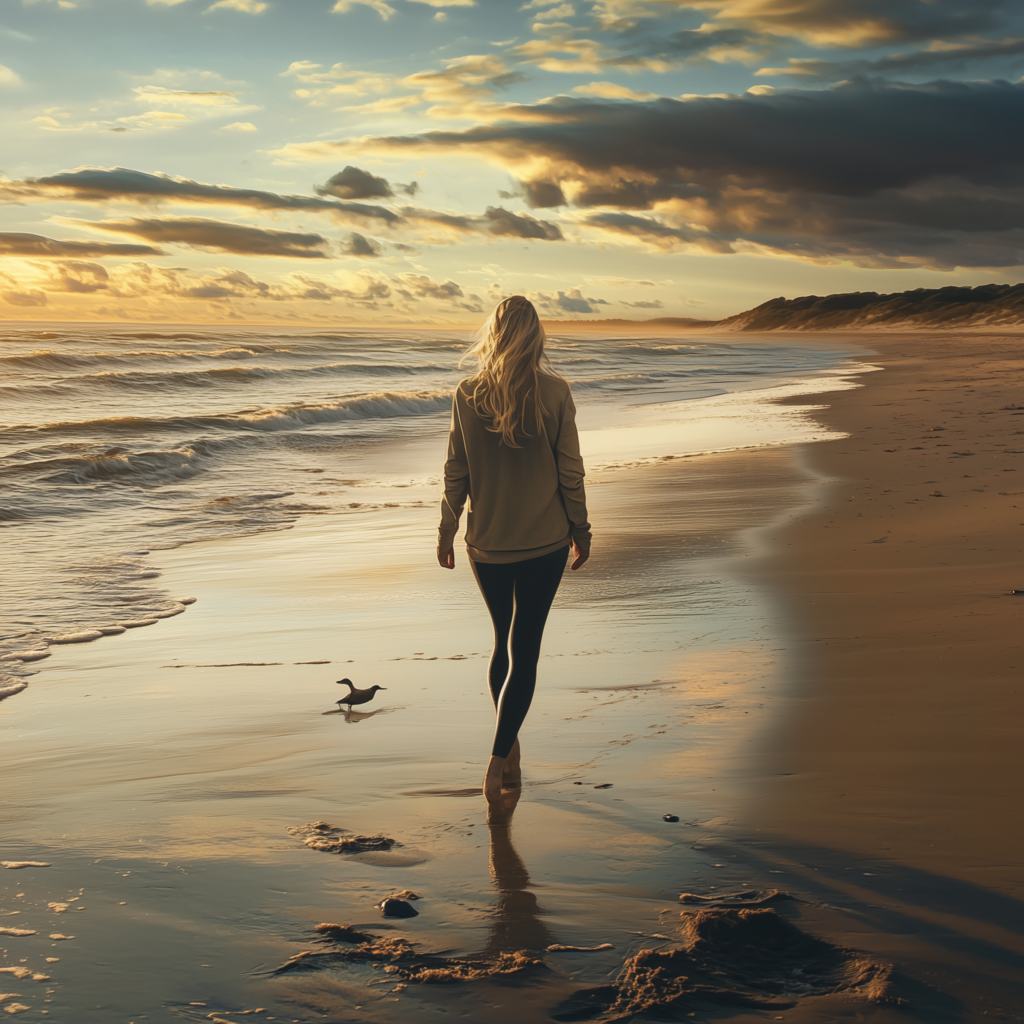 Frau am strand herbst